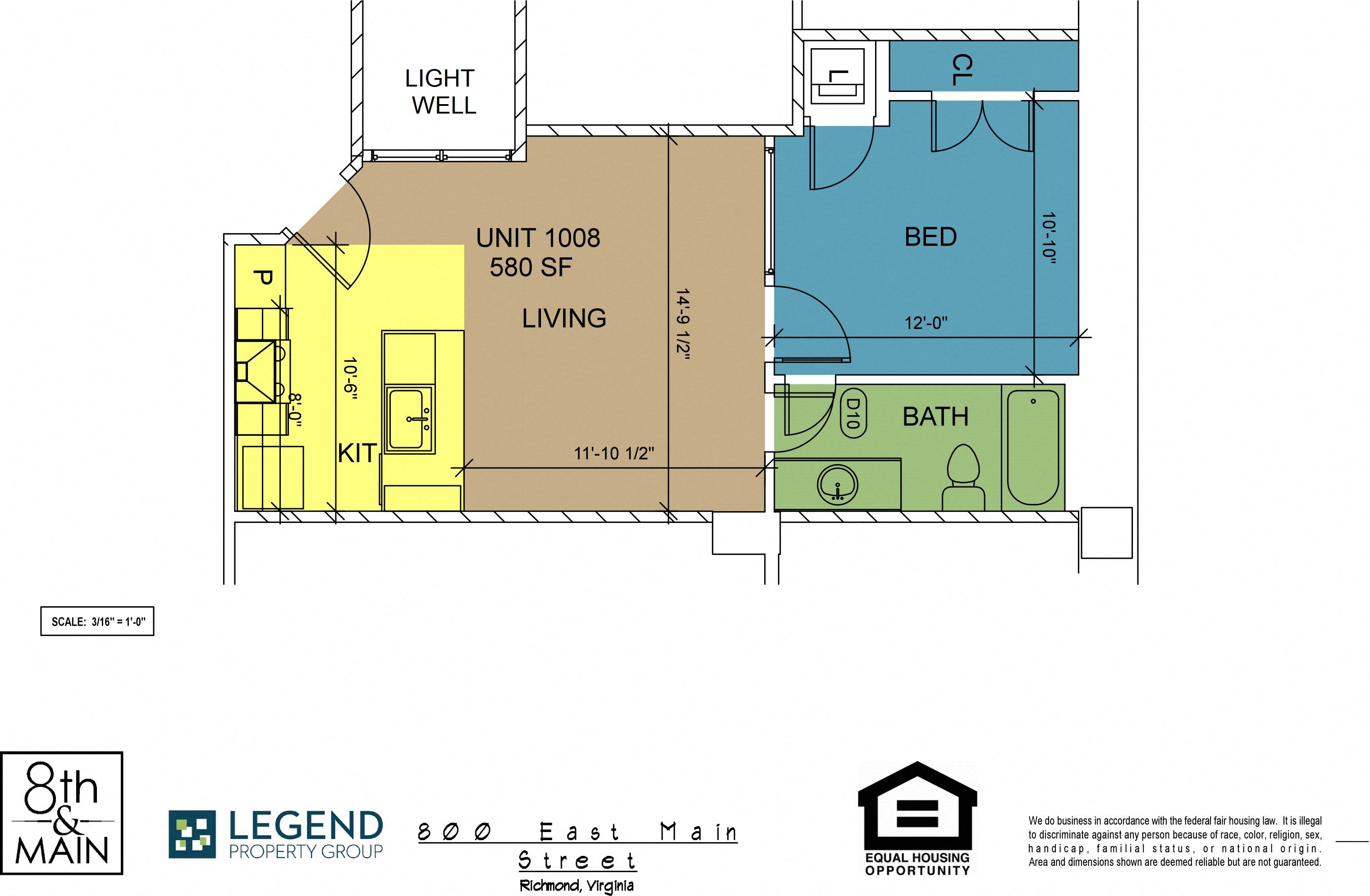Floor plan for 1 bed, 1 bath, 580 sqft
